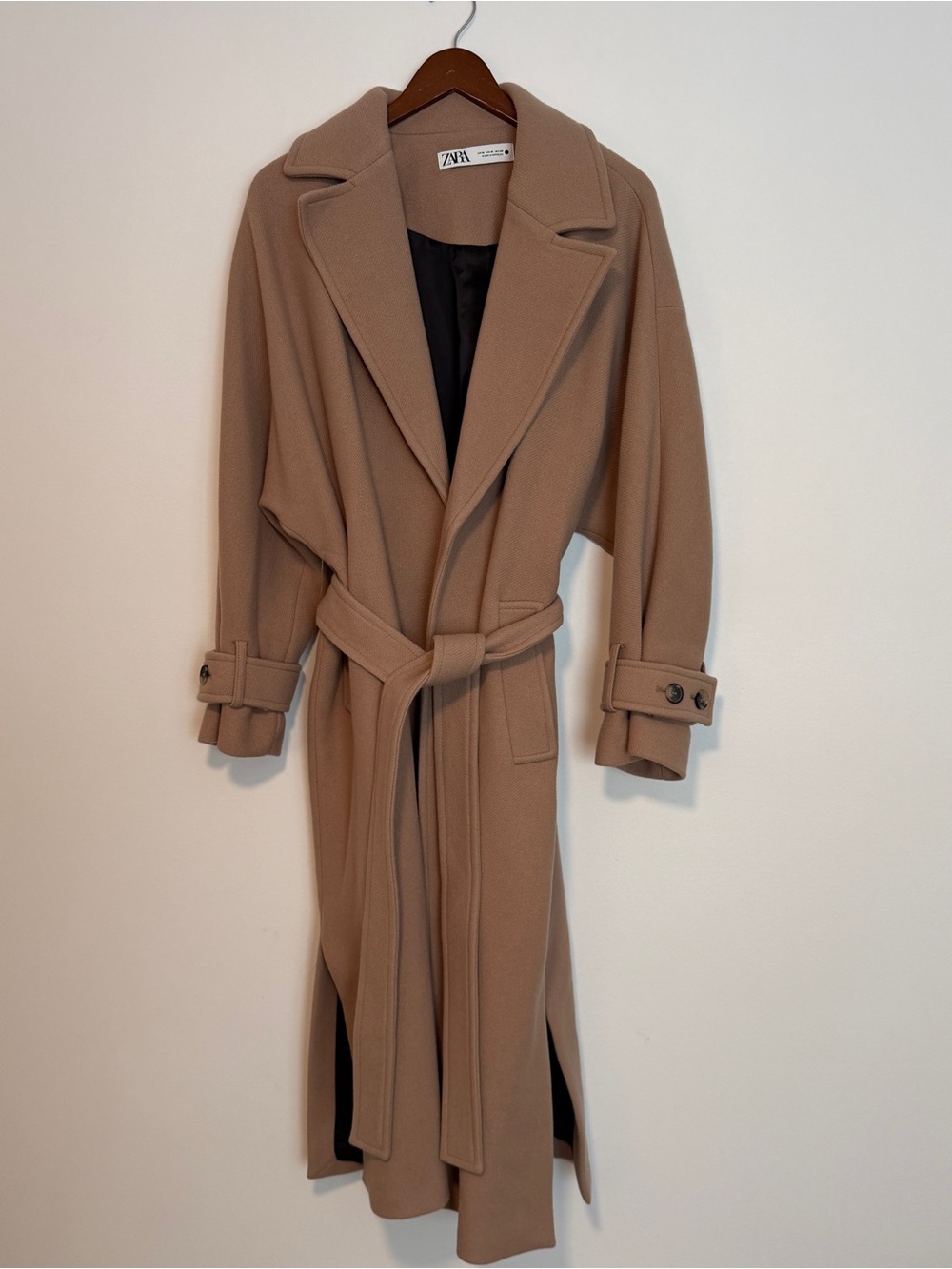 Zara Double Faced Wool Blend long Coat M Camel Long Belted Fall Sézane Style